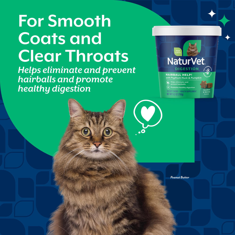 NaturVet ayuda-bolas-pelo-gatos, fibra natural para digestión suave.