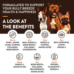 NaturVet Bulldog, etiqueta de ingredientes, resalta Omega-3 y colágeno para piel sana.