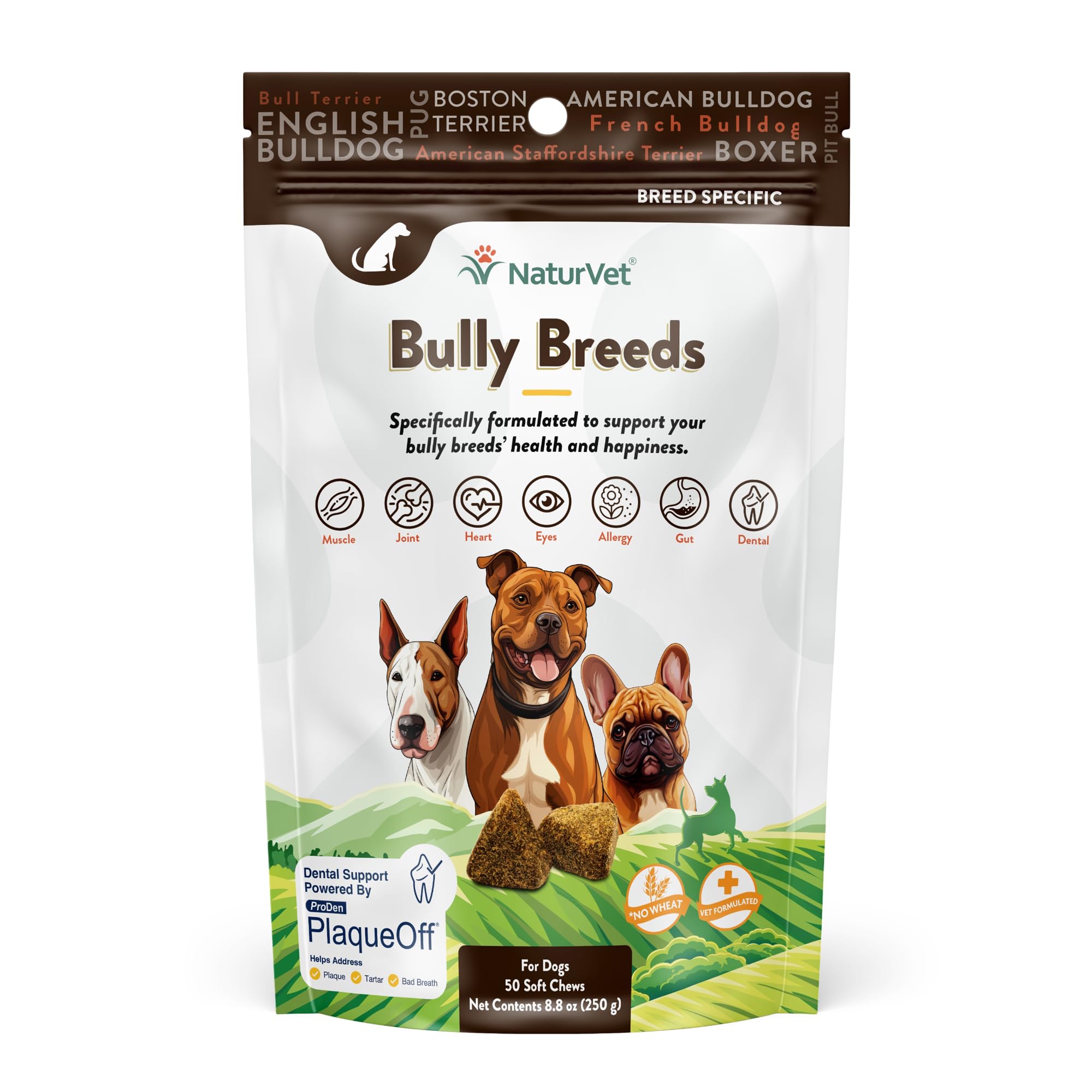 NaturVet Bulldog: frasco detalle que destaca la fórmula para articulaciones y movilidad.