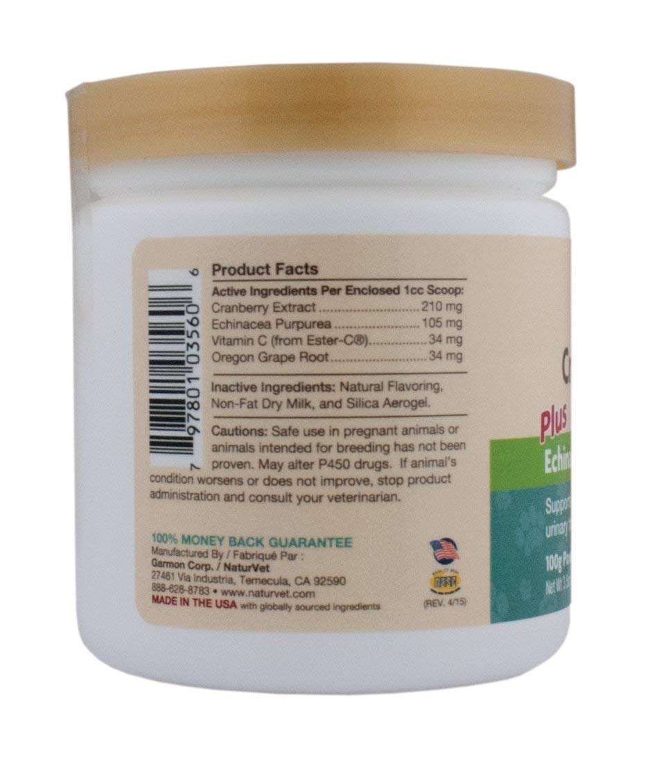 Polvo sabroso de NaturVet Cranberry Relief para perros y gatos.