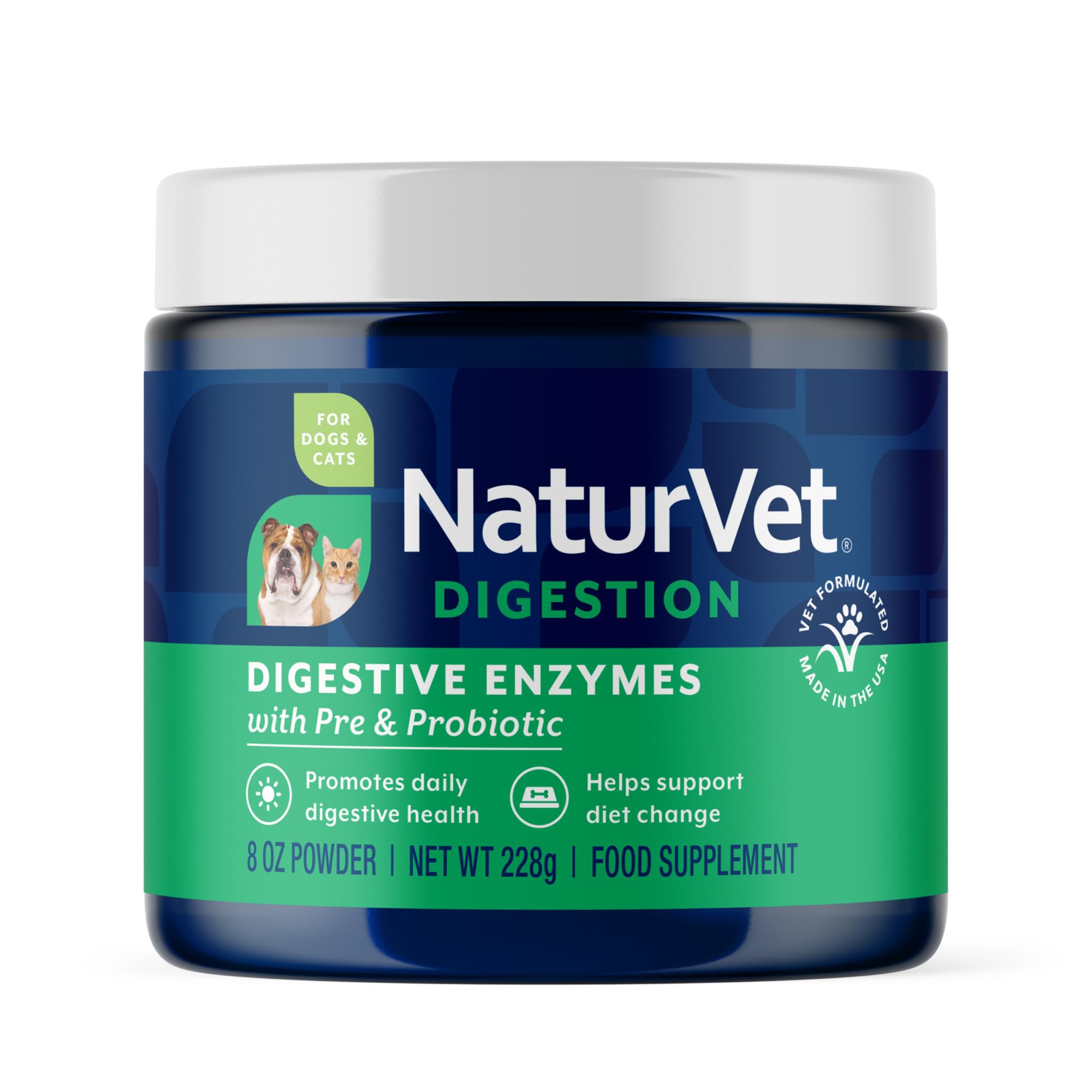 NaturVet enzimas digestivas para perros y gatos en polvo, apoyo a la digestión diaria.