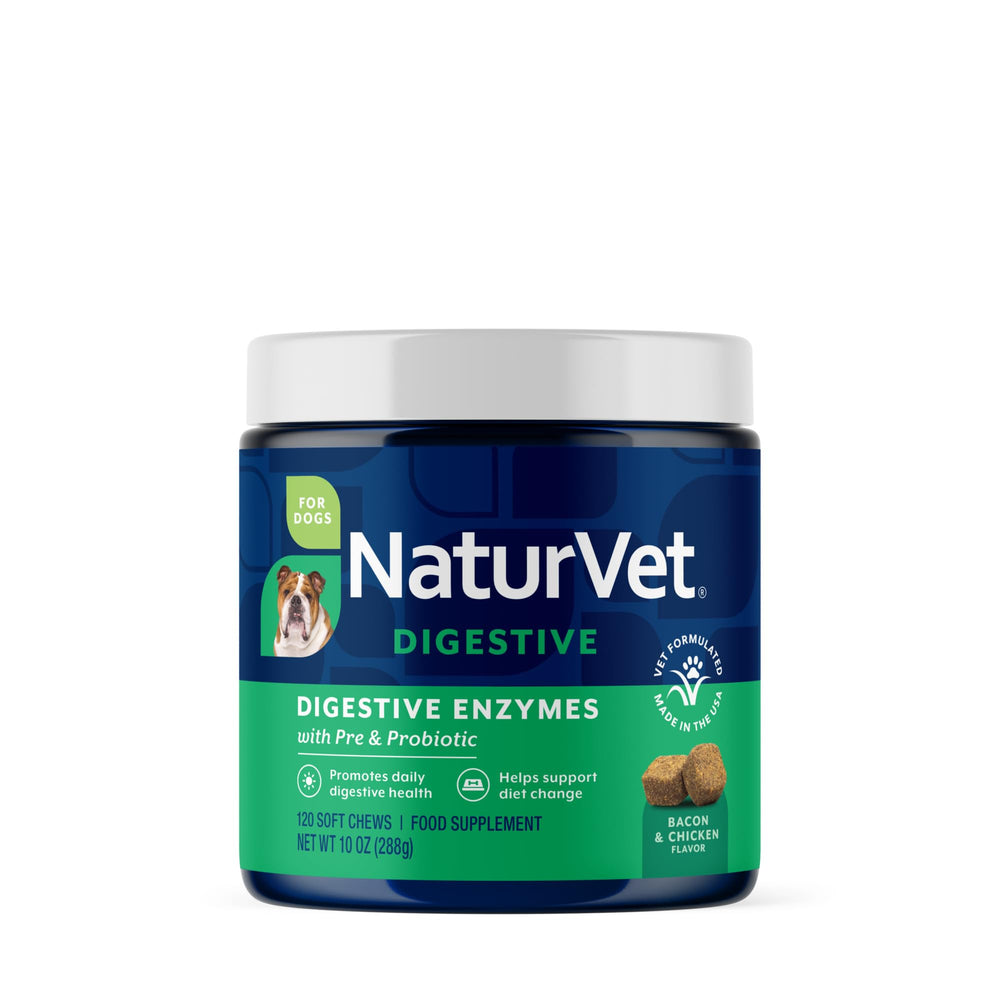 NaturVet Enzimas Digestivas: frasco frente, apoya la digestión durante cambios de dieta