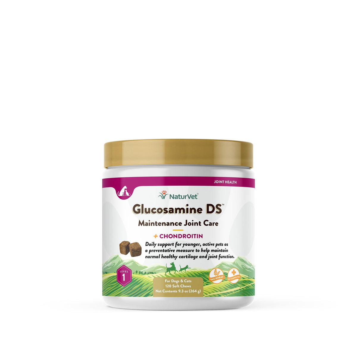 NaturVet Glucosamine DS Nivel 1: botella con masticables para movilidad diaria