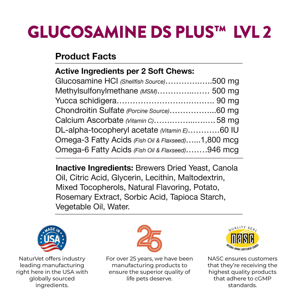Etiqueta de NaturVet Glucosamine DS Plus muestra glucosamina y condroitina para movilidad.