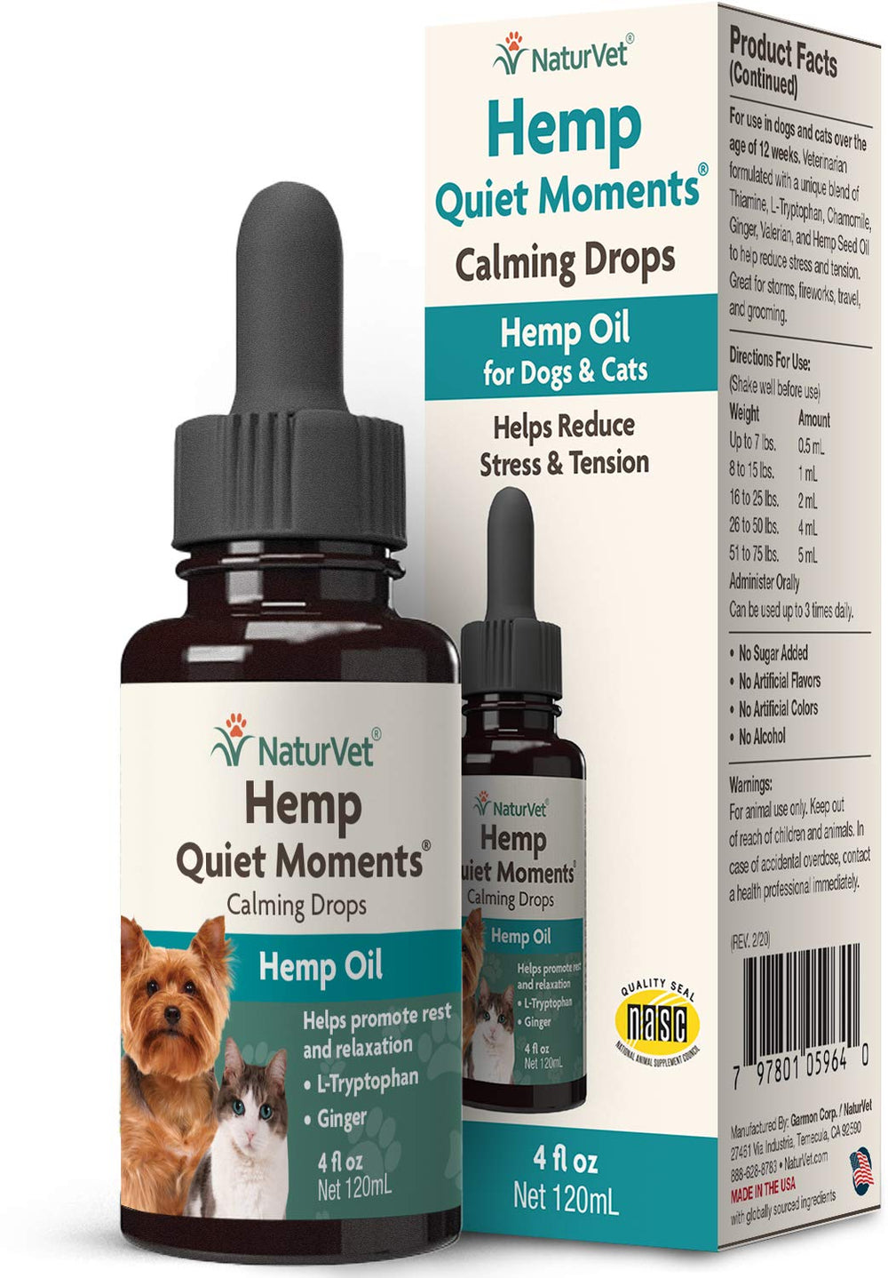 NaturVet Gotas Calmantes, botella visible, para perros y gatos, favorece la relajación.