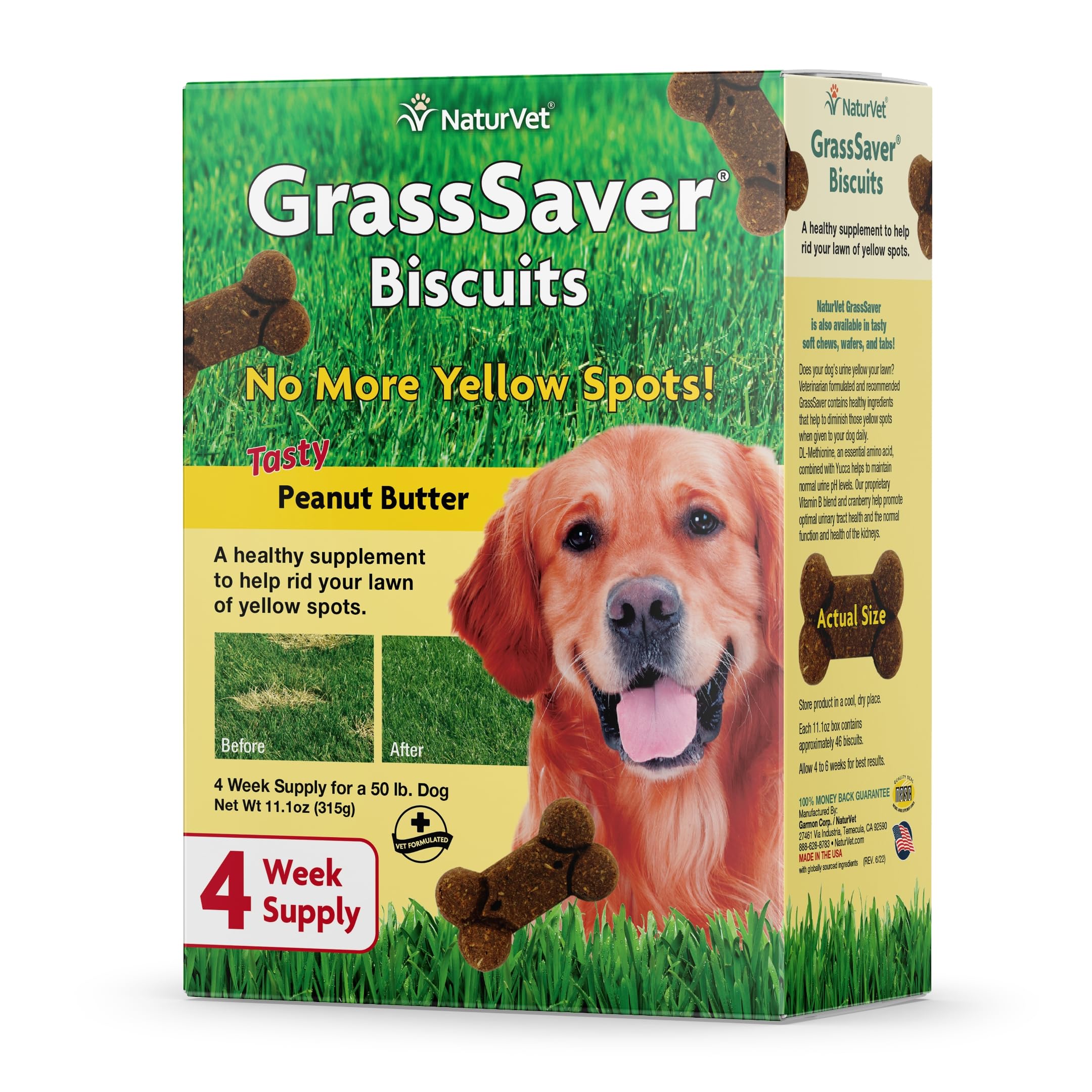 NaturVet GrassSaver galletas para perros en empaque, ayudan a mantener el césped verde.