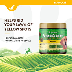 Frasco de NaturVet GrassSaver, dosificación fácil para perros de todas las tallas.