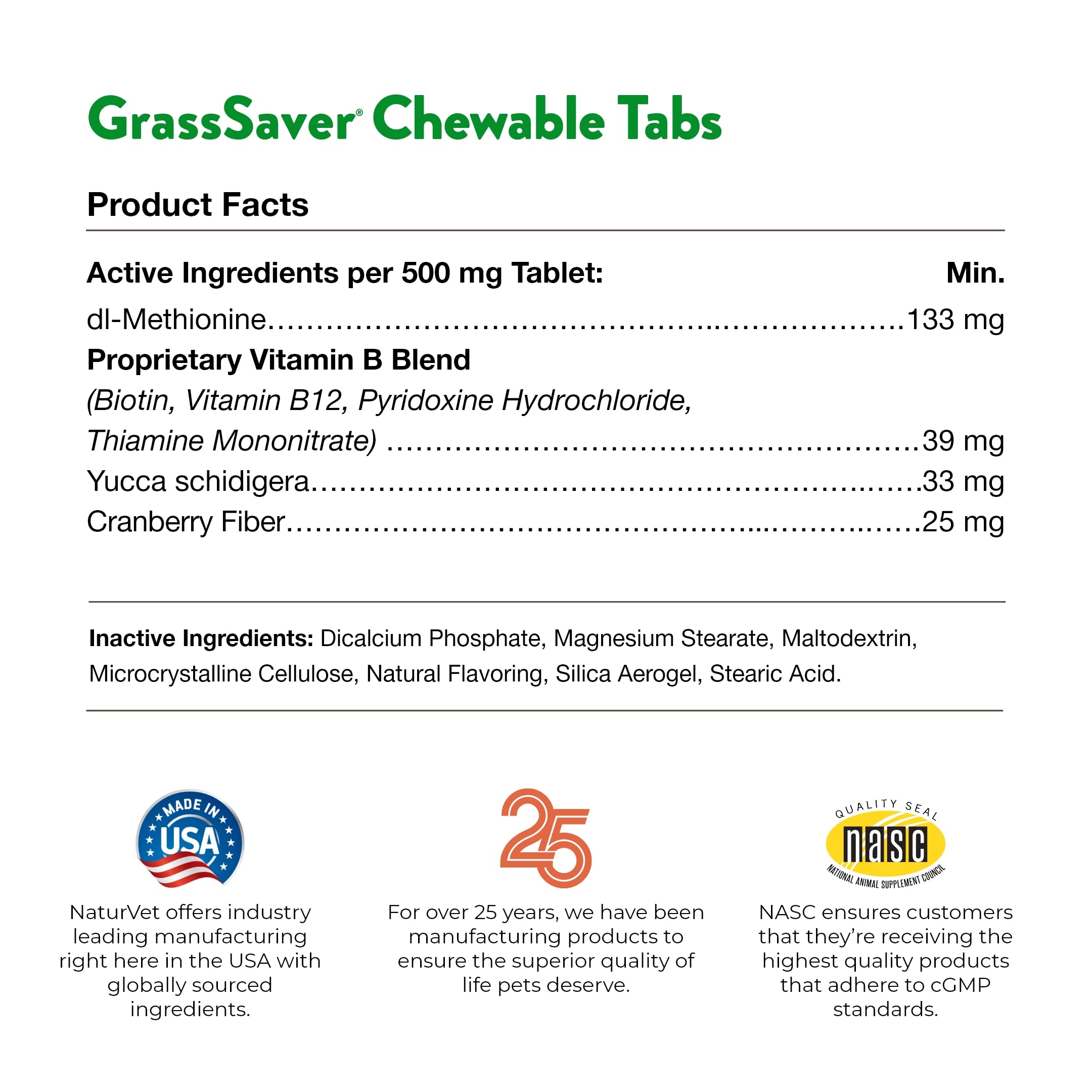 NaturVet GrassSaver: fabricación en Estados Unidos bajo buenas prácticas de fabricación.