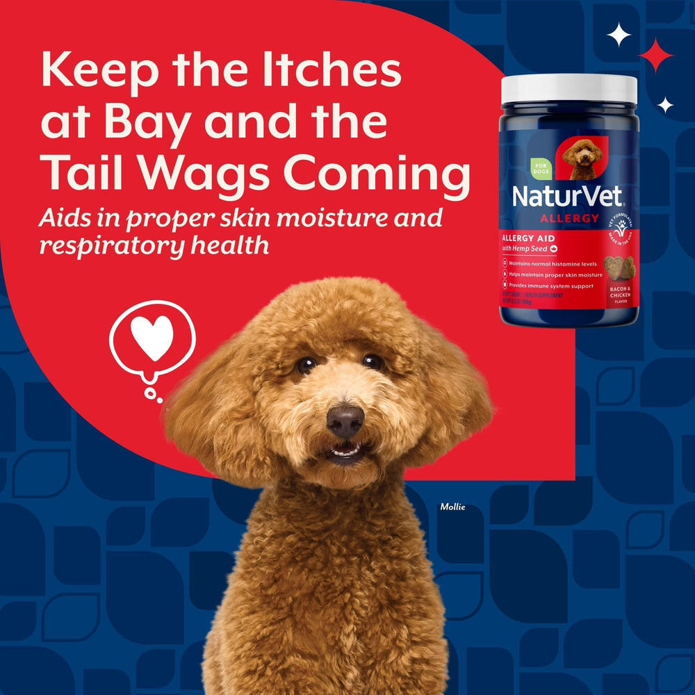 NaturVet Hemp Allergy Aid, comprimidos suaves, sabor agradable para facilitar la administración.