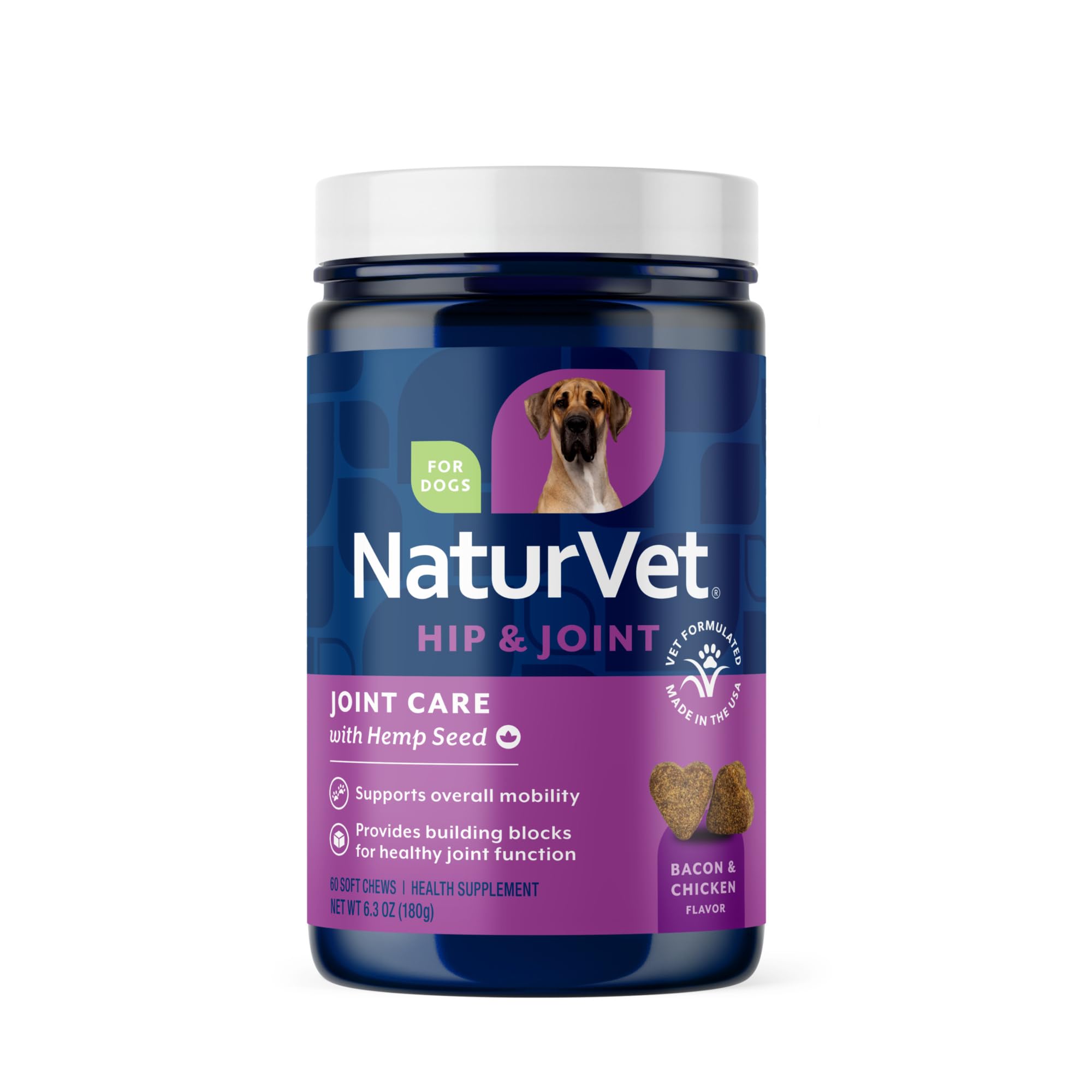NaturVet Salud articular con cáñamo: botella que muestra el suplemento para perros activos.