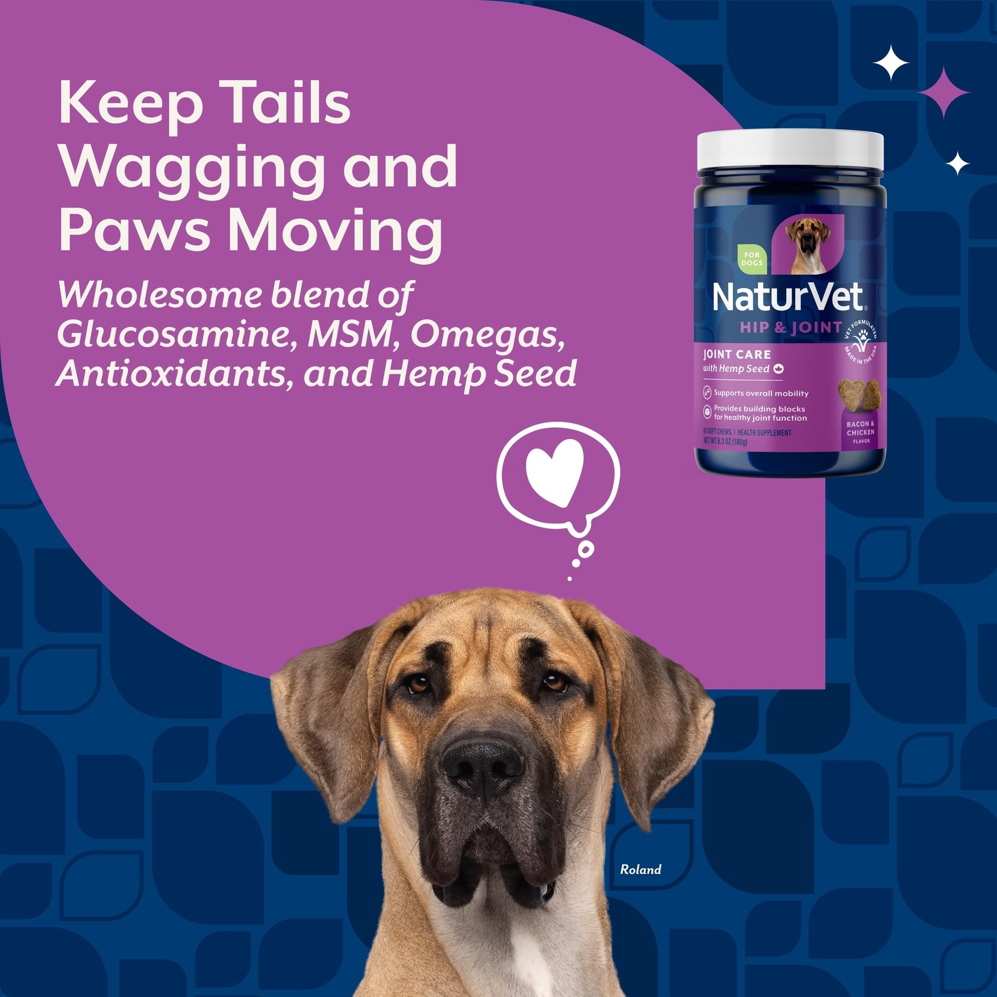 NaturVet Salud articular con cáñamo: ingredientes clave como cáñamo y glucosamina para articulaciones.