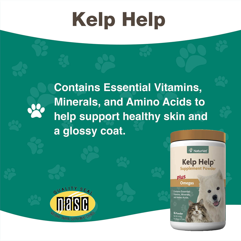 Envase de NaturVet Kelp Help Omegas con dosificador, polvo para medición.