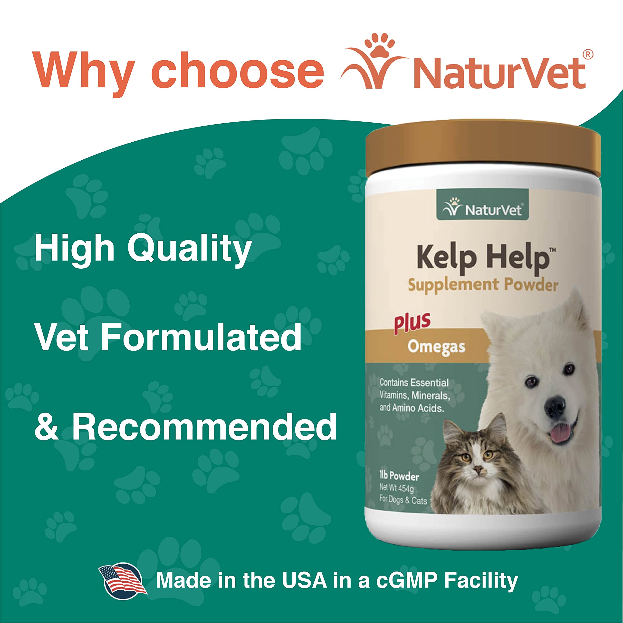 NaturVet Kelp Help Omegas en polvo, sabor a ajo para facilitar la ingestión.