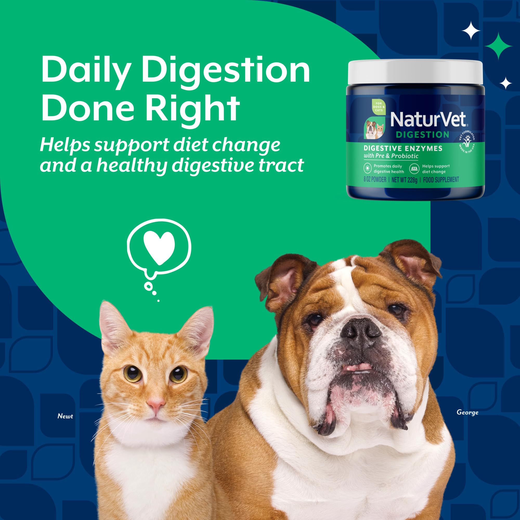 NaturVet mezcla digestiva con enzimas y probióticos para perros y gatos en polvo.