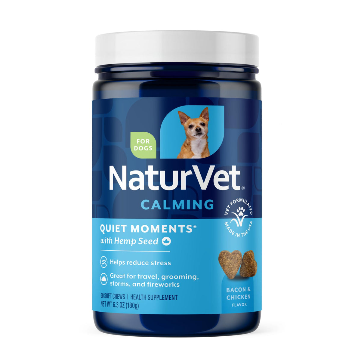 NaturVet gominolas calmantes para perros, empaque de 60 unidades, práctico para almacenar.