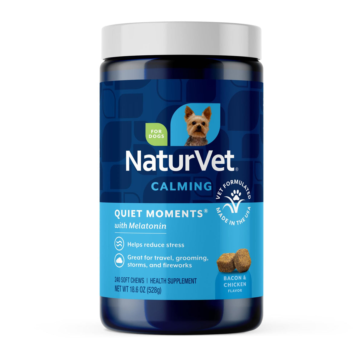NaturVet Momentos Tranquilos frasco de 240 masticables para perros, calma suave