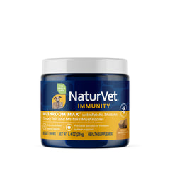 NaturVet Mushroom Max, botella frontal, apoyo inmunológico para perros activos.