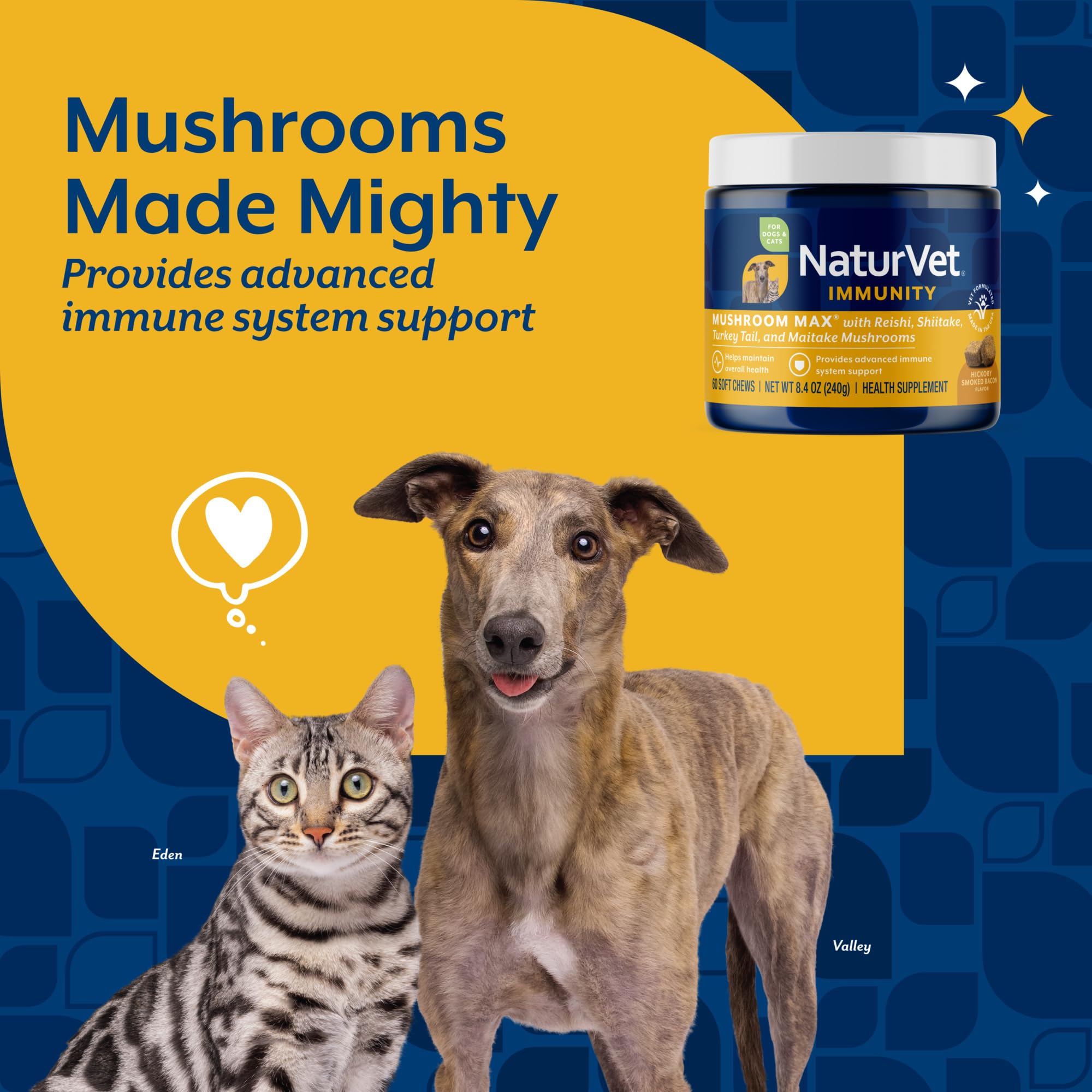 NaturVet Mushroom Max, botella lateral, dosificación cómoda para perros.