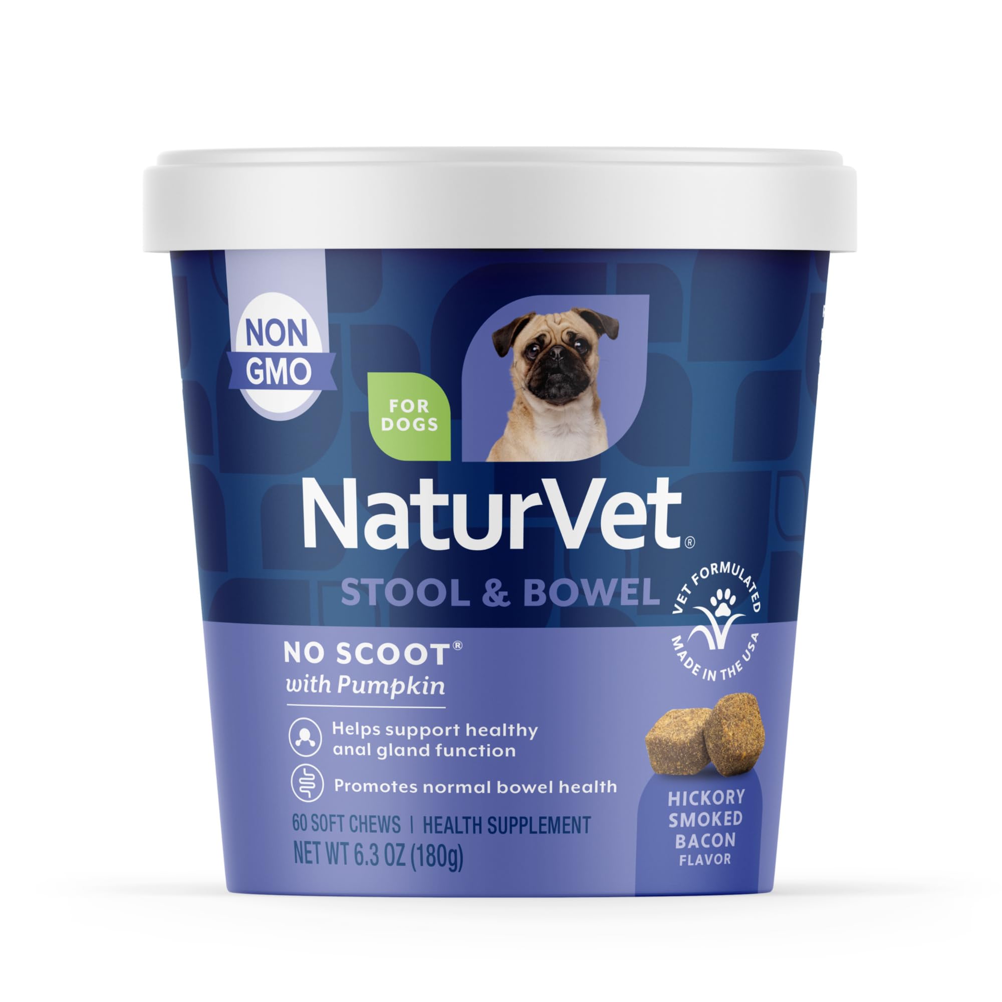 NaturVet No Scoot for Dogs soft chews promoting anal gland health.
