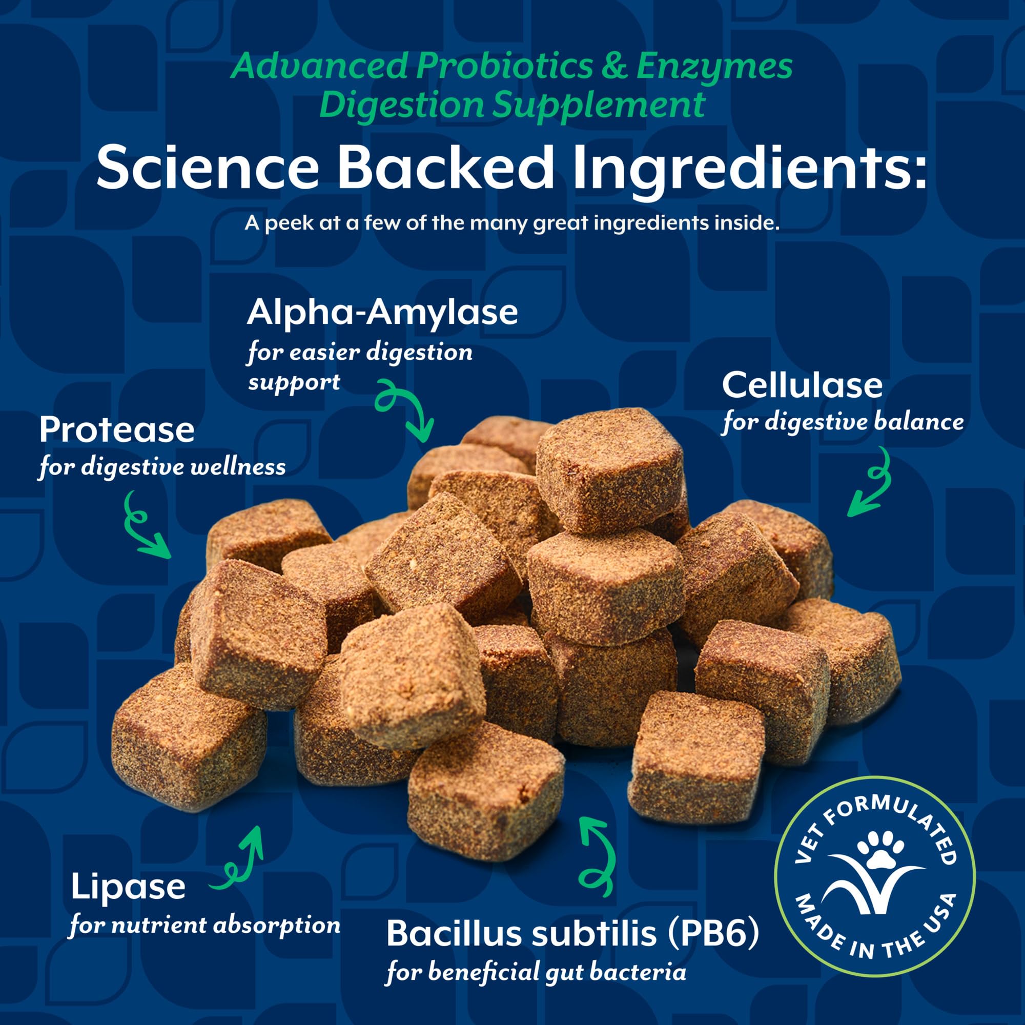 Composición NaturVet PB6: enzimas y probióticos clave para la digestión.