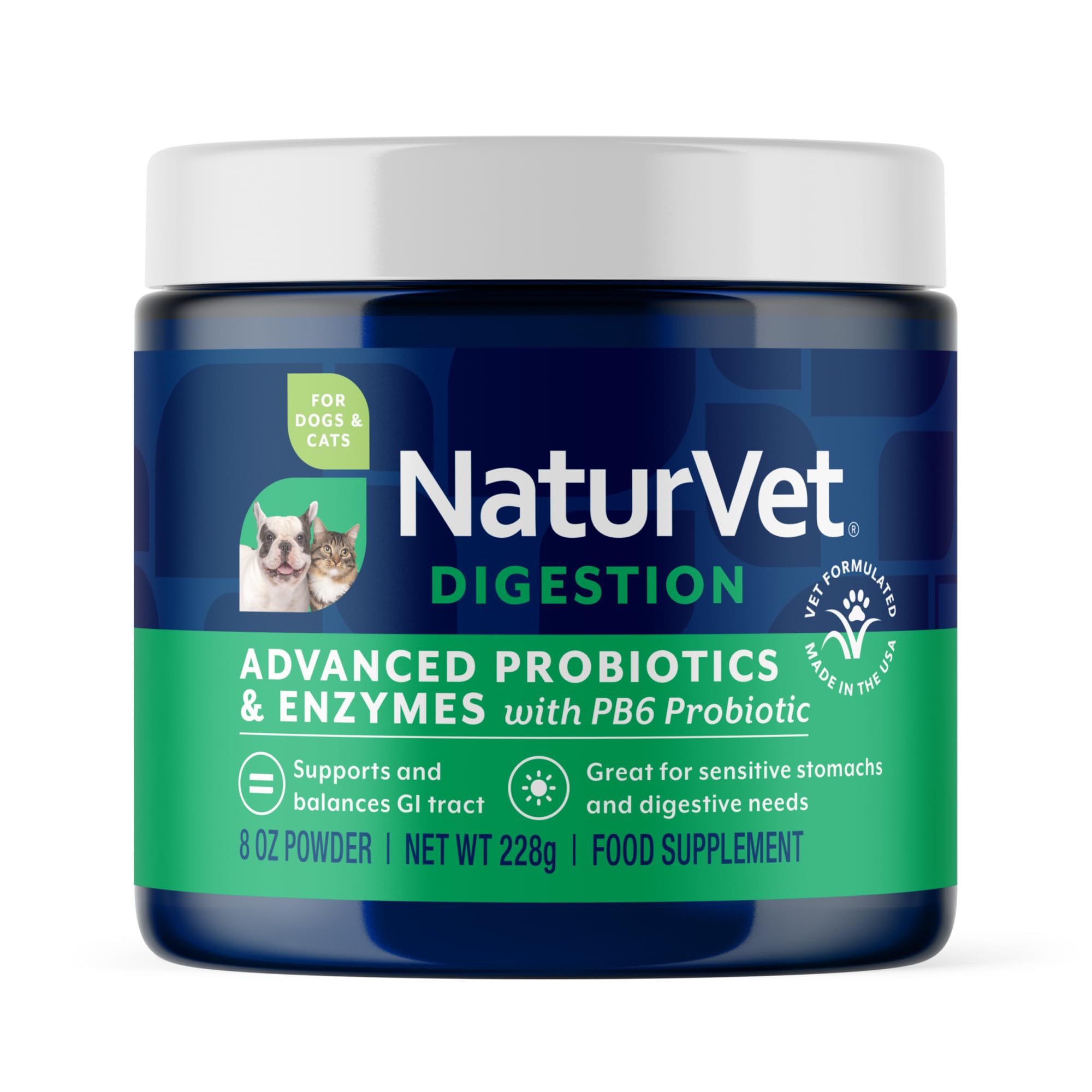 NaturVet PB6 probióticos en polvo en botella para equilibrio digestivo.