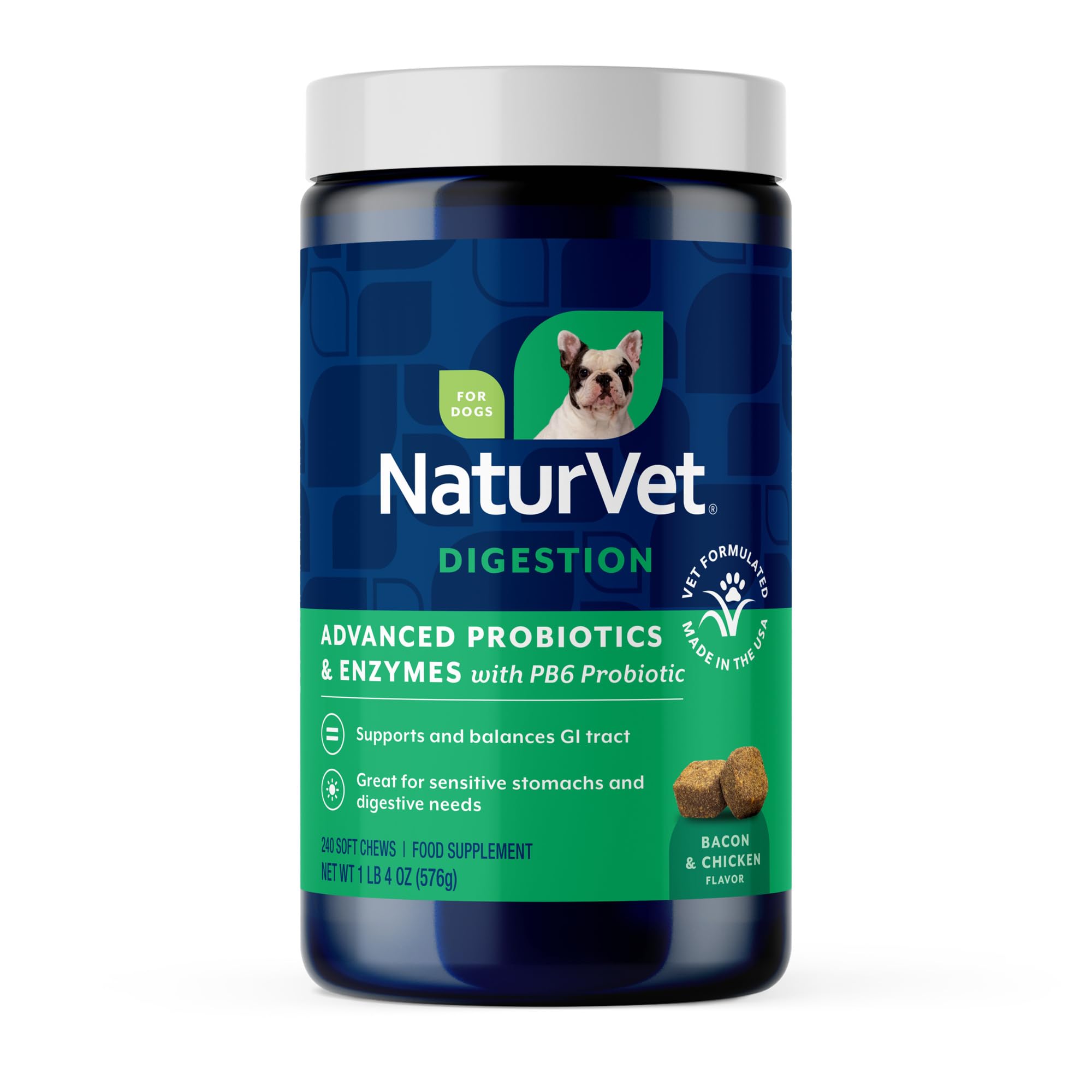 NaturVet PB6 frasco de 240 unidades, apoyo digestivo diario para perros.