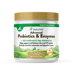 NaturVet probióticos y enzimas en bote para apoyo digestivo en mascotas