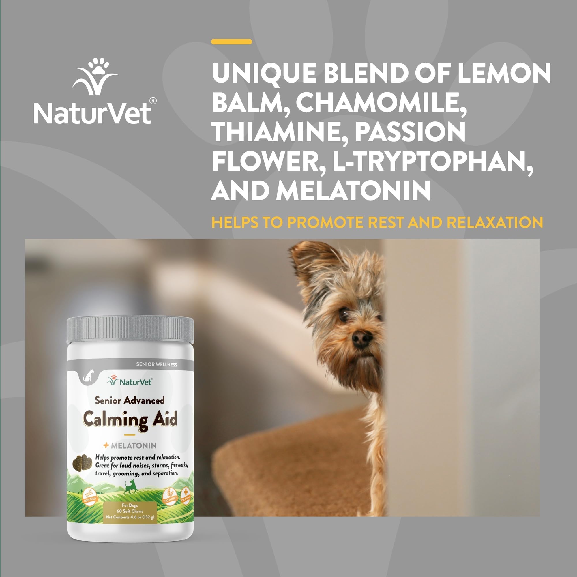 NaturVet Quiet Moments: etiqueta clara, sin trigo para perros sensibles.