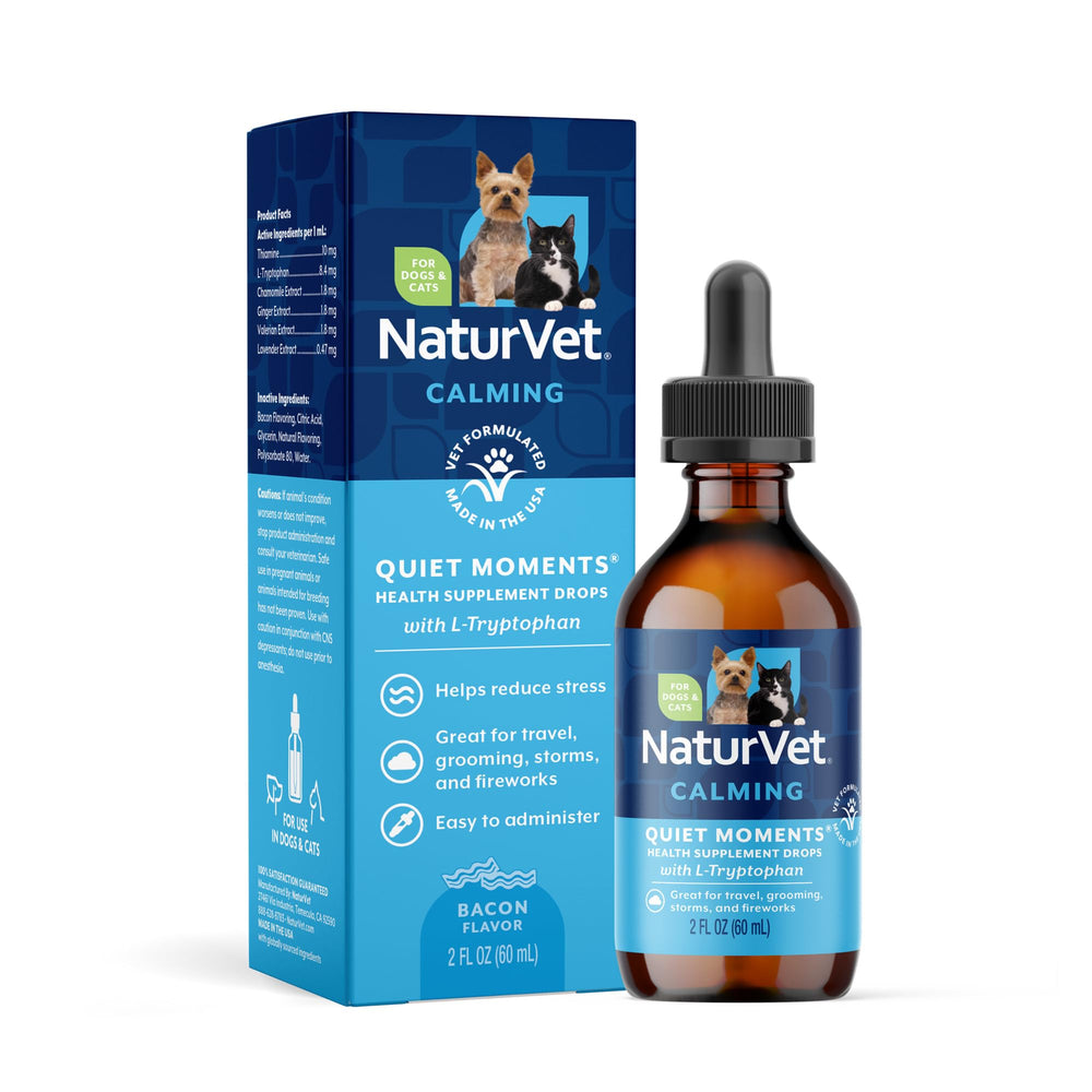 NaturVet Quiet Moments gotas para perros y gatos, botella de 2 onzas facilita la dosificación.