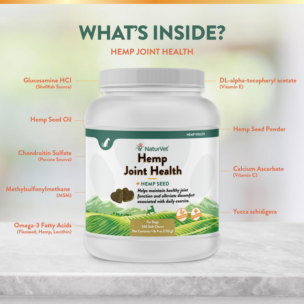 NaturVet Salud de Articulaciones con Cáñamo: etiqueta con antioxidantes y omega-3.
