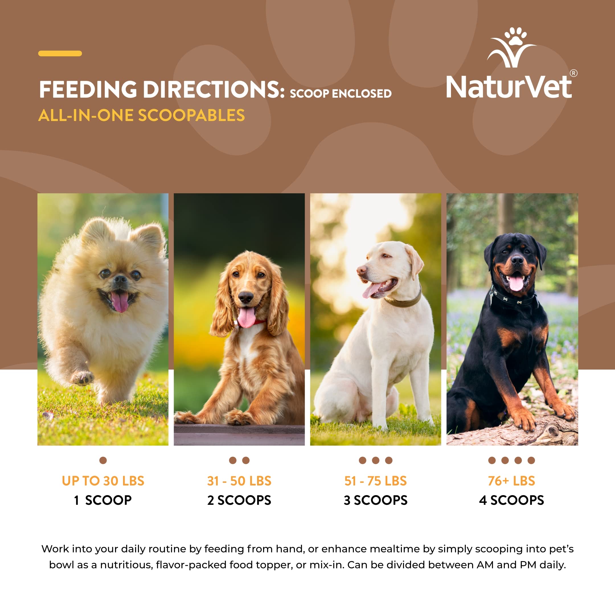 Perro comiendo NaturVet Scoopables gracias a su sabor agradable.