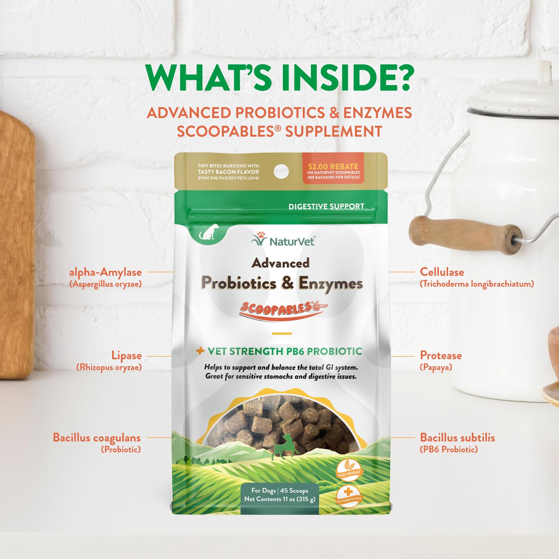Prebiótico FOS de NaturVet Scoopables para equilibrio intestinal.