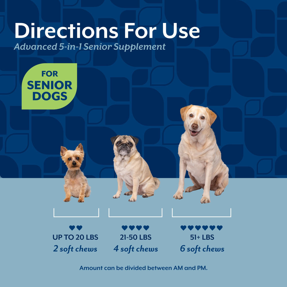NaturVet Senior Advanced 5-en-1, envase con indicaciones de uso