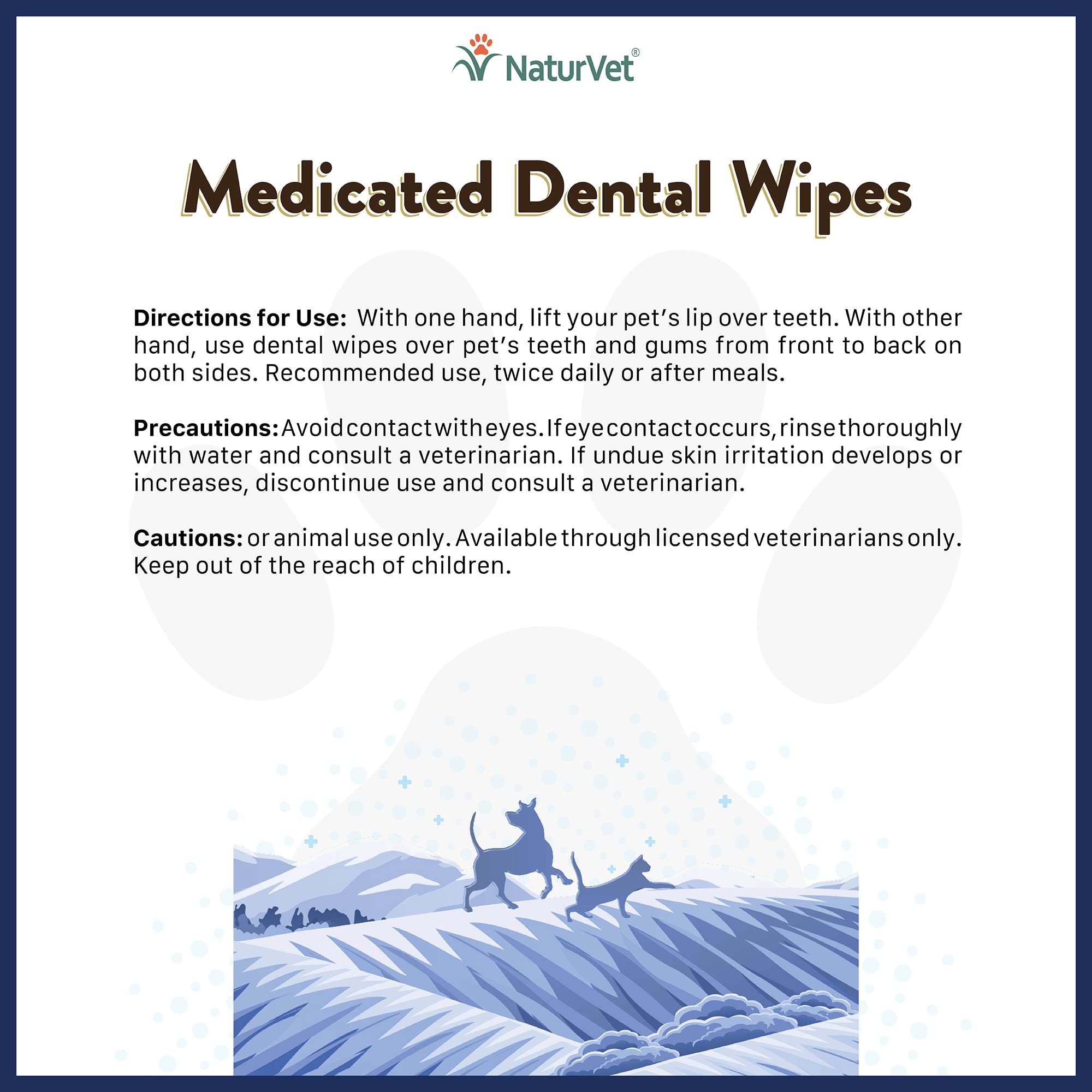 NaturVet toallitas dentales medicadas para perros y gatos, limpieza de dientes y encías para un aliento más agradable.