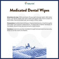NaturVet toallitas dentales medicadas para perros y gatos, limpieza de dientes y encías para un aliento más agradable.