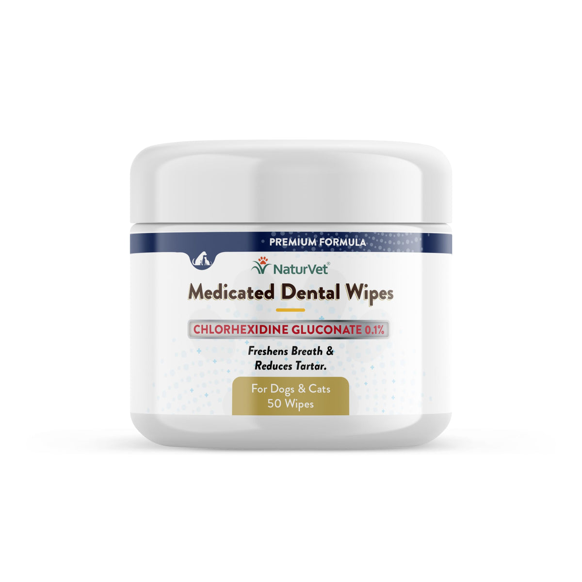 NaturVet toallitas dentales medicadas para perros y gatos, empaque práctico para higiene diaria.