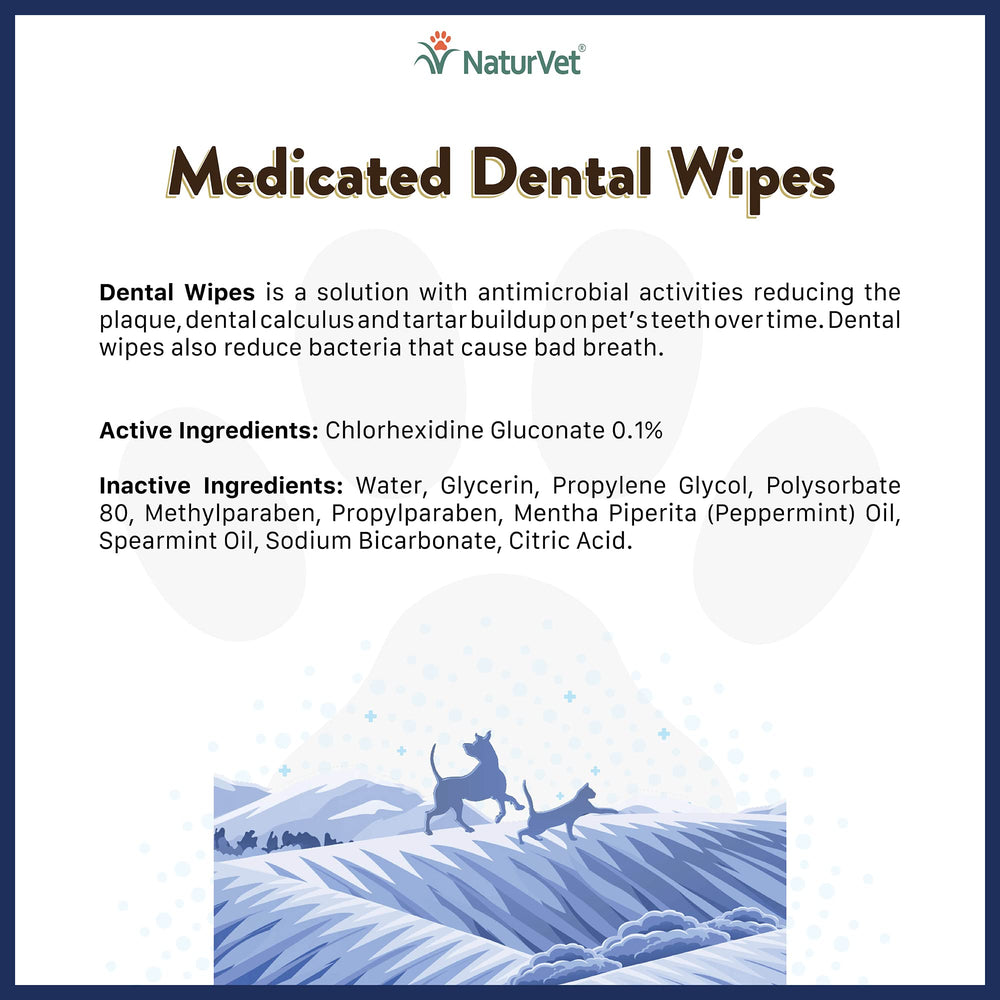 NaturVet toallitas dentales medicadas para perros y gatos, uso en boca para limpiar dientes y encías.