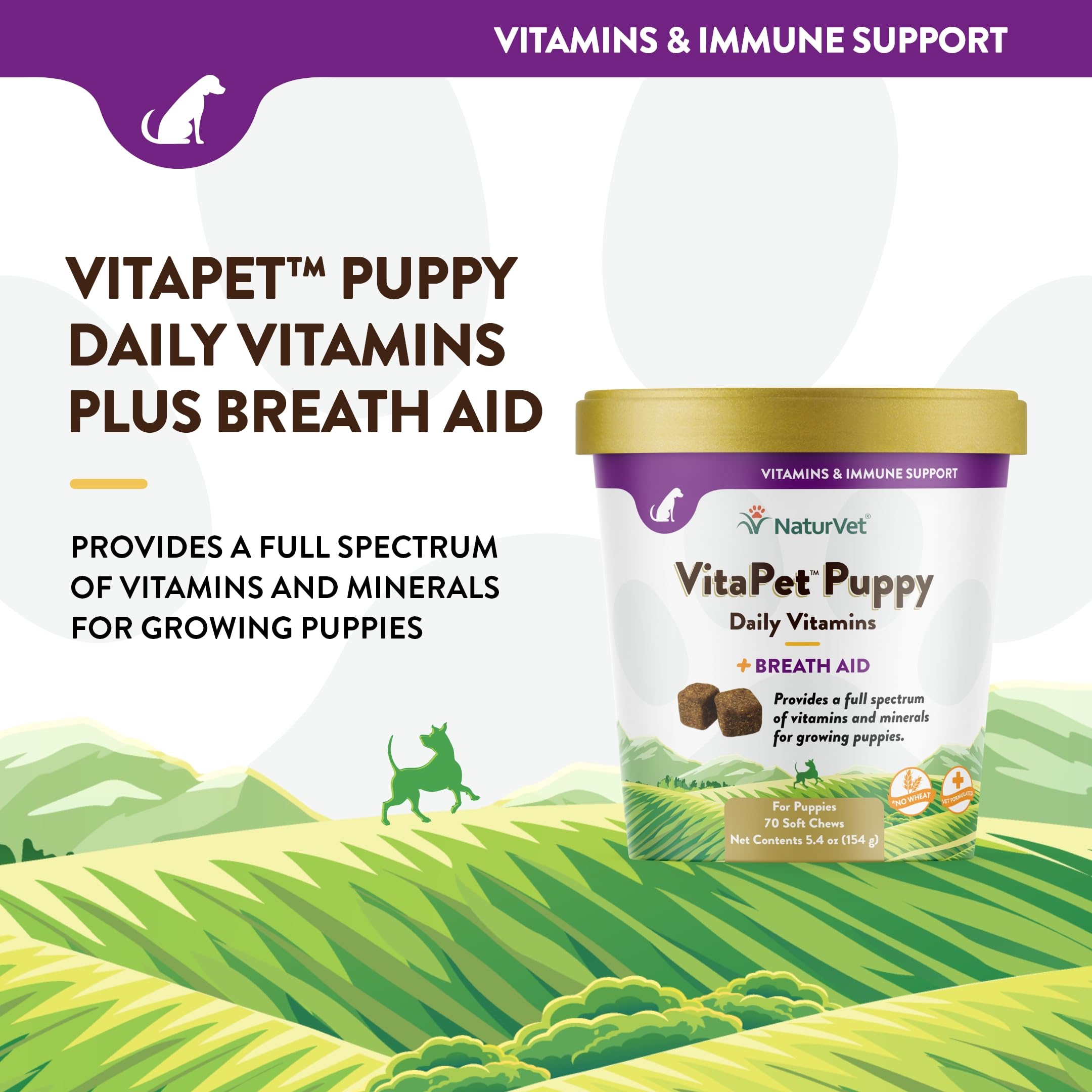 NaturVet VitaPet cachorros: etiqueta legible que destaca vitaminas y minerales.