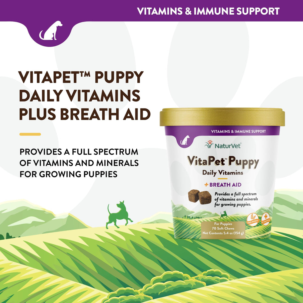 NaturVet VitaPet cachorros: etiqueta legible que destaca vitaminas y minerales.