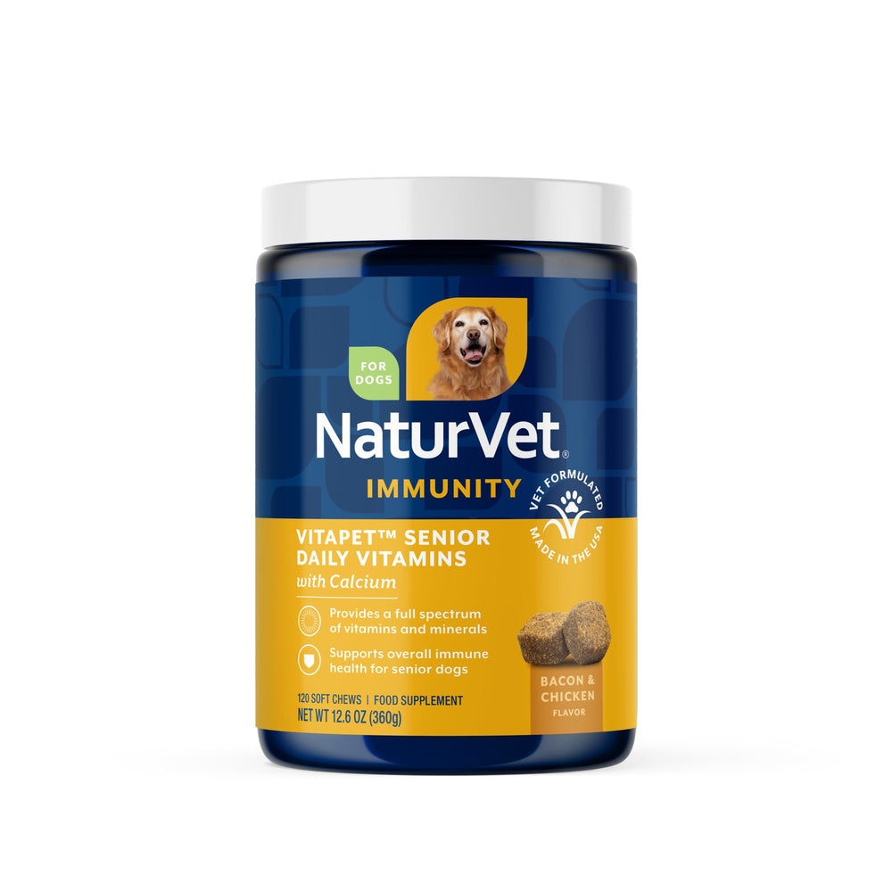 NaturVet VitaPet Senior masticables suaves en botella para uso diario.