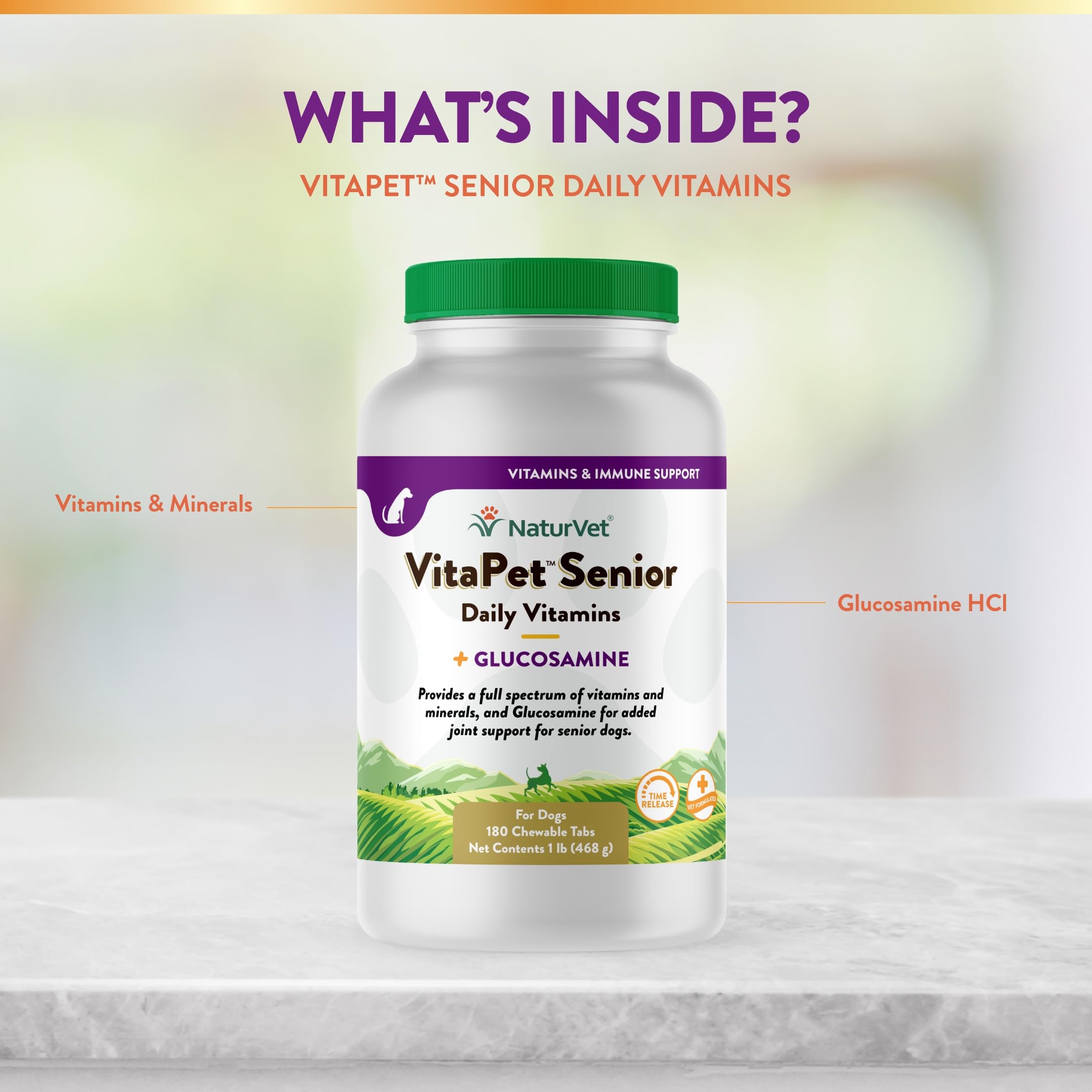 NaturVet VitaPet Senior tabletas de liberación lenta para absorción sostenida.