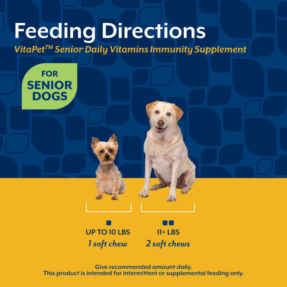 Uso diario de NaturVet VitaPet Senior, suplemento práctico para perros mayores.