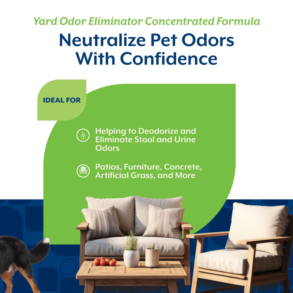 NaturVet Yard Odor Eliminator cerca de kennel y zona para perros