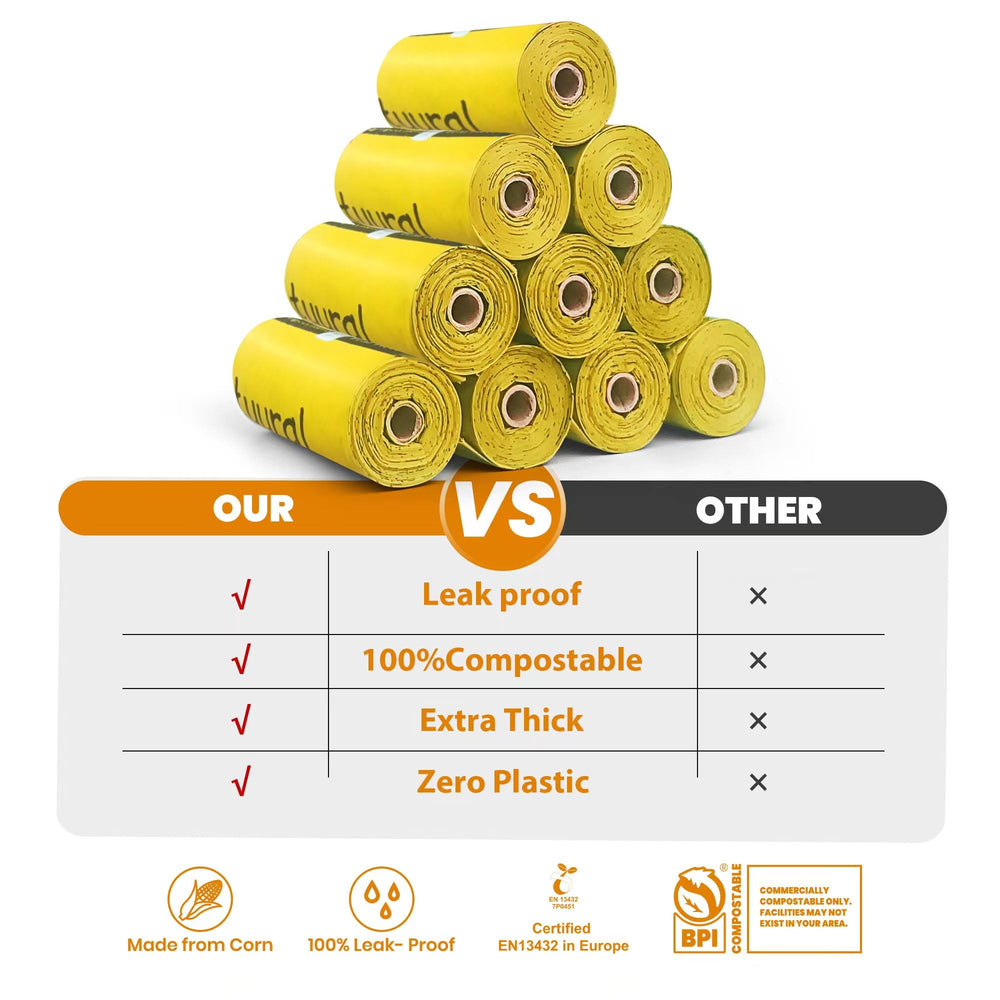 Natuural bolsas de basura para perro con maíz, material compostable y sostenible.