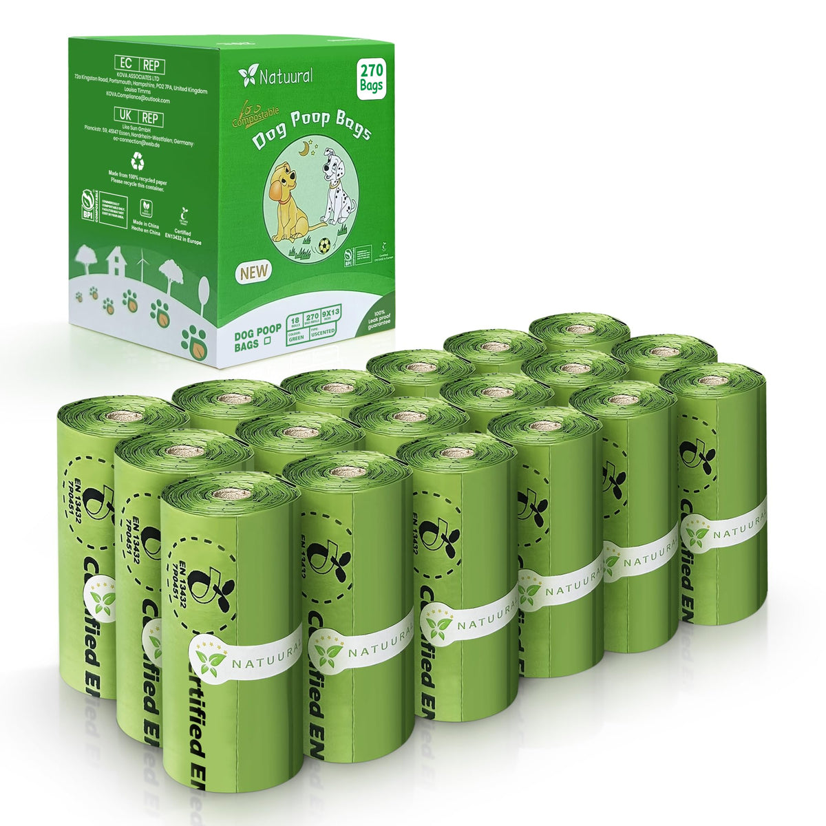Natuural: bolsas compostables para excrementos de perro, 270 unidades para uso diario.