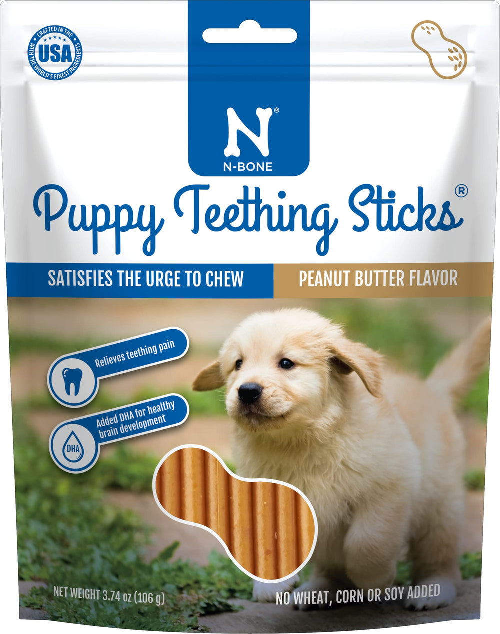 N-Bone Puppy Palitos de dentición con mantequilla de maní dentro de una bolsa, sabor agradable.