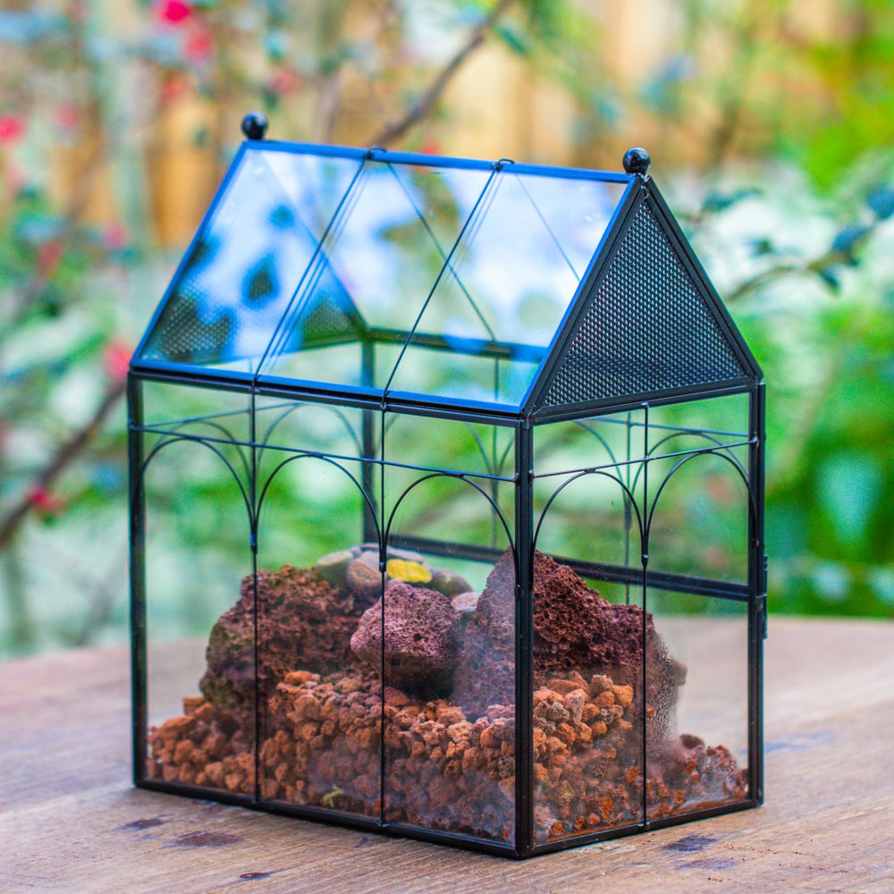 NCYP terrario negro de casa para interiores, acento moderno.