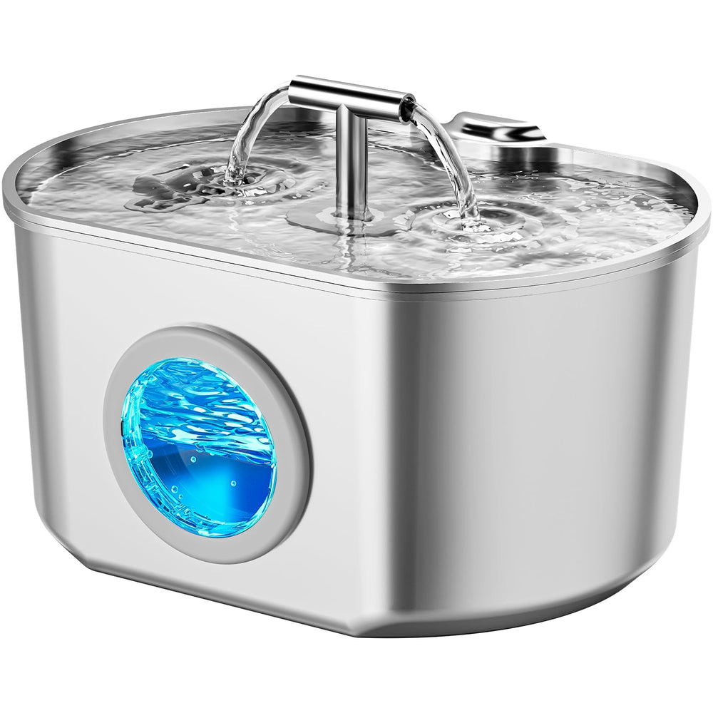 Neareal fuente para gatos de acero inoxidable con ventana de nivel para agua fresca.