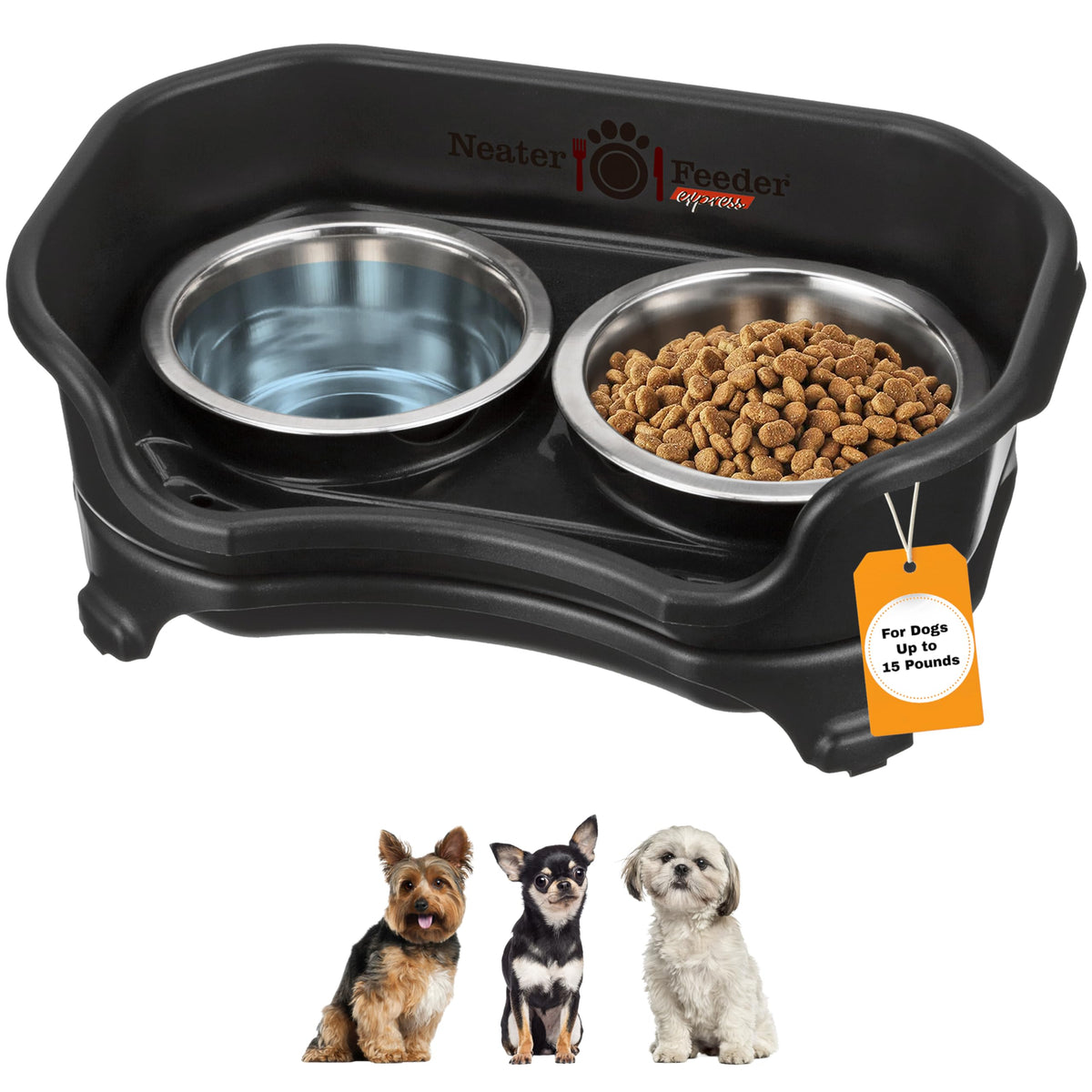Neater Feeder Express, vista general del sistema elevado para perros pequeños, orden y limpieza.