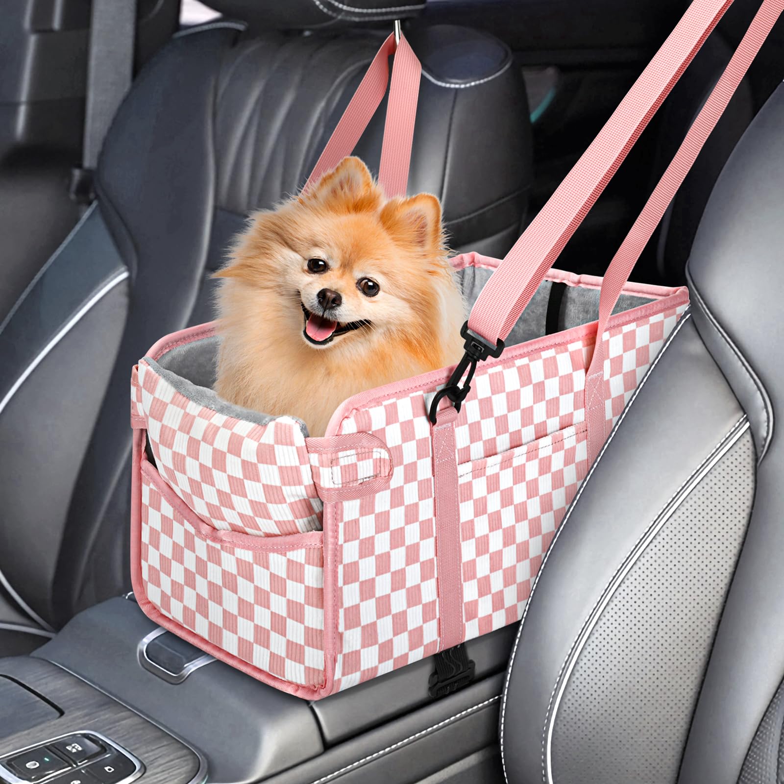 NECKORY asiento coche perro pequeno rosa cuadros: booster cómodo para viajes seguros.